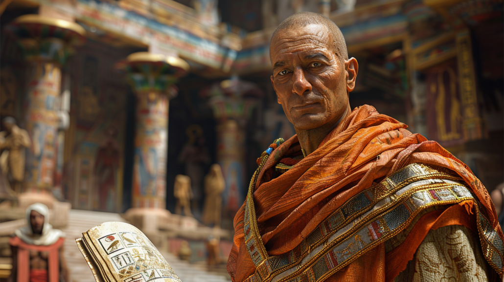 Der ägyptische Heiler und Architekt Imhotep mit traditioneller Kleidung und einem Papyrus in der Hand.