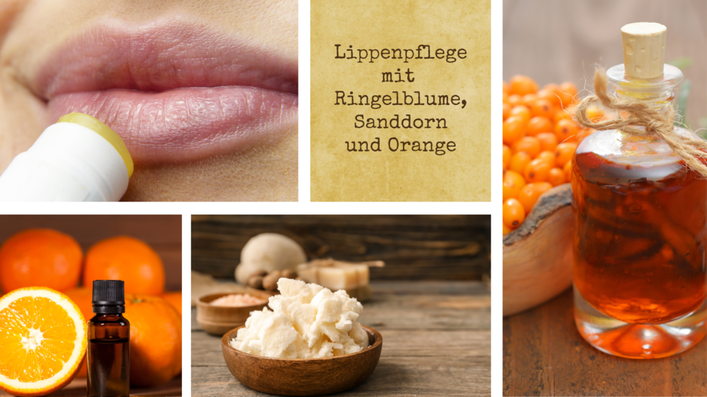 Collage zum Mundpflegeöl: Fläschchen mit Orangenöl und Sanddornöl sowie Sheabutter