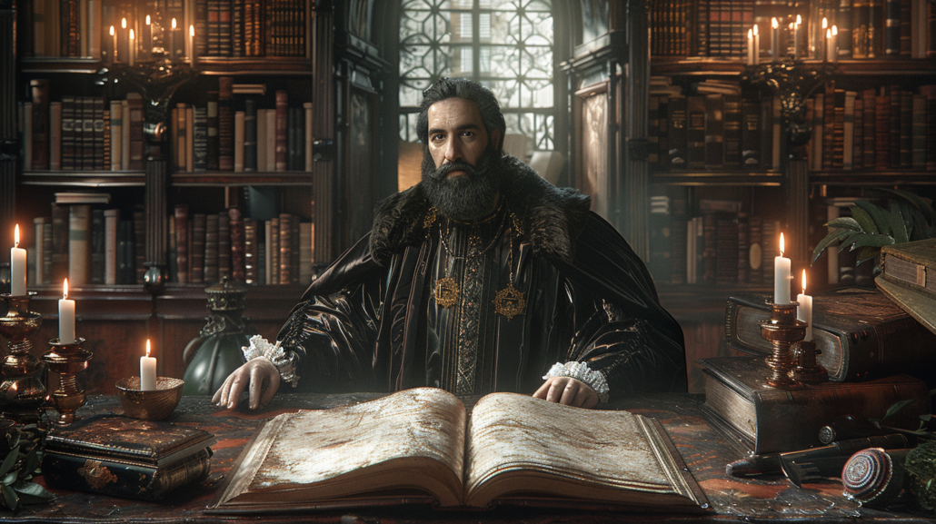 Pietro Andrea Mattioli (Matthiolus) als bärtiger Gelehrter in reich verzierter historischer Kleidung sitzt an einem Schreibtisch mit aufgeschlagenem Buch, umgeben von Kerzen und Bücherregalen in einer studienhaften Bibliothek.