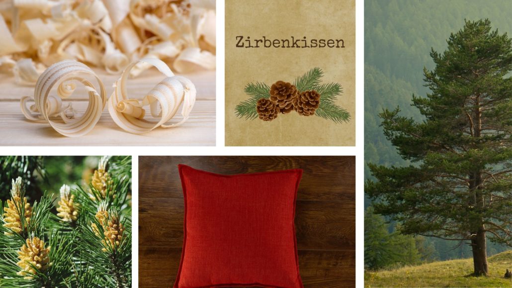 Collage zum Zirbenkissen: Zirbenspäne, Zirbenzweige mit Zapfen, selbst genähtes Kissen und Zirbenbaum in alpiner Landschaft.